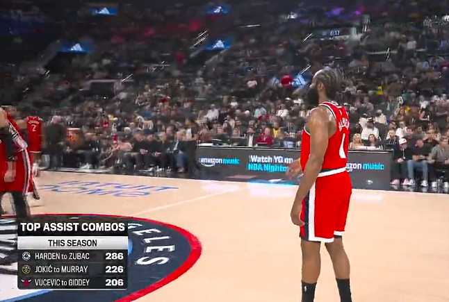 本赛季1对1助攻榜：哈登助祖巴茨286次，约基奇助默里226次