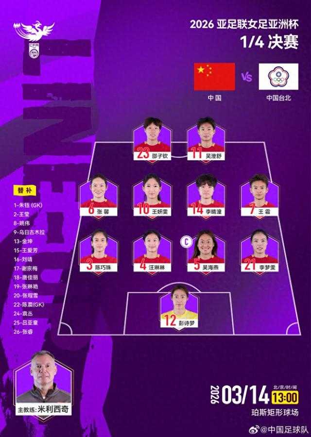 冲击四强！中国女足亚洲杯1/4决赛首发出炉